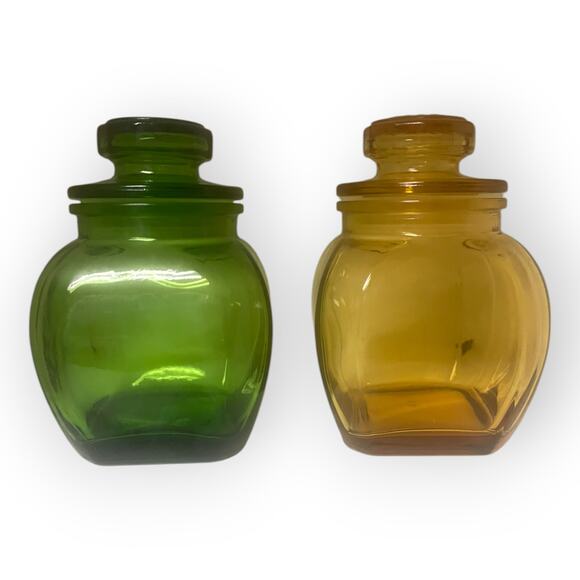 2 L.E. Smith Emerald Green & Amber Glass Apothecary Canisters w/Daisy Top Lids - Picture 1 of 3